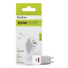 UNIROSS 230V SNELLADER 20W DUBBELE POORT USB-A / USB-C INCLUSIEF USB-C-OPLAADKABEL IN BLISTER